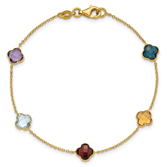 14k Yellow Gold Multi Gemstone Quatrefoil Station Bracelet 7.5in