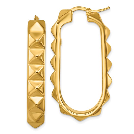 14k Yellow Gold Oval Pointed Hoop Earrings 1.75in