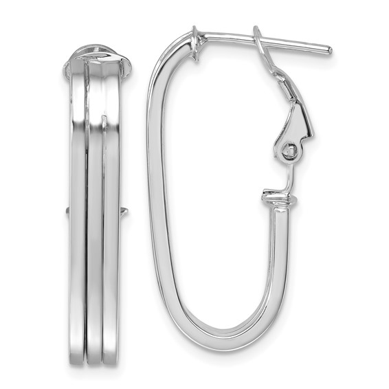 14k White Gold Grooved Oval Omega Back Hoop Earrings