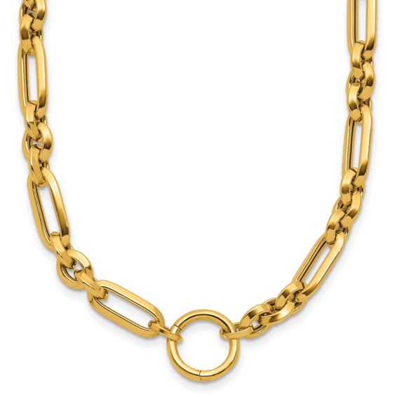 14k Yellow Gold Knife Edge Fancy Rectangle and Round Link Necklace with Circle Charm