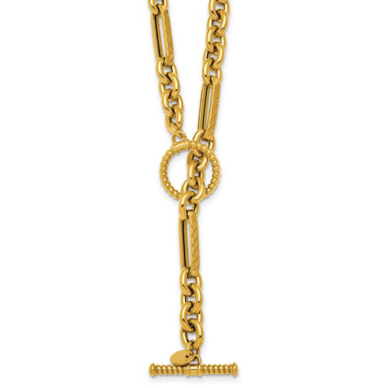 14k Yellow Gold T Bar Necklace with Textured Polished Mixed Links