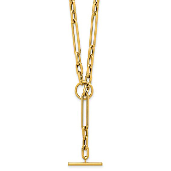 14k Yellow Gold T Bar Necklace with Polished Paper Clip and Oval Cable Links 18in