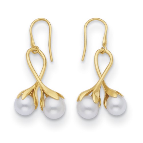 14k Yellow Gold Freshwater Pearl Ribbon Twist Drop Earrings