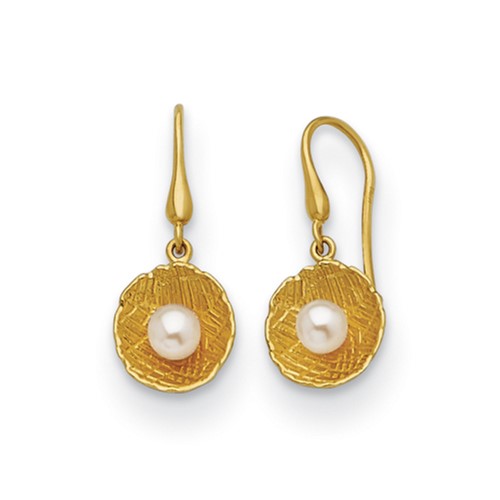 14k Yellow Gold Round Clam Shell with Freshwater Cultured Pearl Earrings