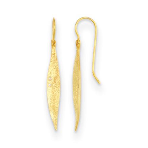 14k Yellow Gold Diamond Slender Leaf Dangle Earrings