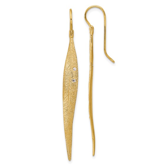 14k Yellow Gold .04 ct tw Diamond Long Slender Leaf Dangle Earrings 2.25in