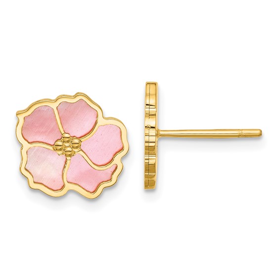 14k Yellow Gold Pink Mother of Pearl Flower Earrings
