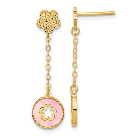 14k Yellow Gold Pink and White Mother of Pearl Flower and Chain Dangle Earrings