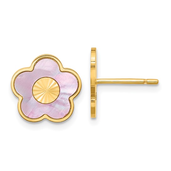 14k Yellow Gold Burgundy Mother of Pearl Clover Earrings