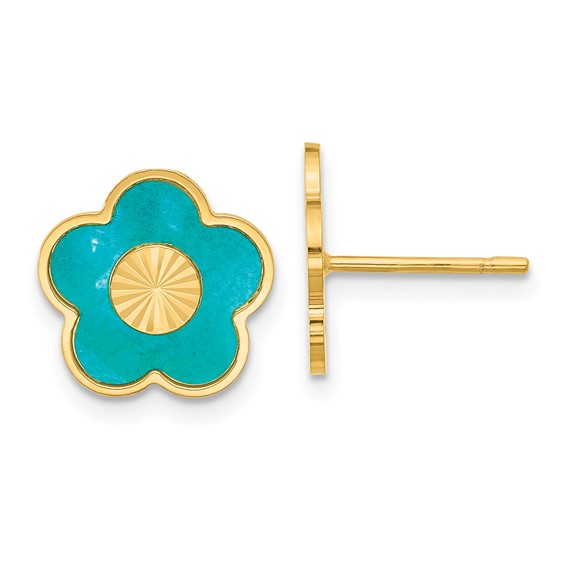 14k Yellow Gold Teal Mother of Pearl Flower Earrings