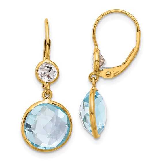 14k Yellow Gold Blue and White Topaz Leverback Dangle Earrings