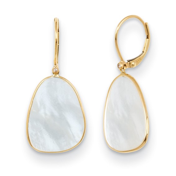 14k Yellow Gold Mother of Pearl Leverback Dangle Earrings