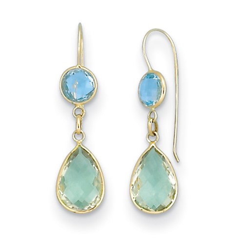 14k Yellow Gold Green Amethyst Tear Drop and Blue Topaz Dangle Earrings