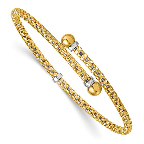 18k Two-tone Gold Flexible Bangle Bracelet with Beaded Ends