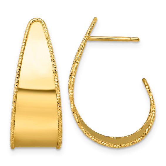 18k Yellow Gold J-Hoop Earrings with Diamond-cut Edges 1in
