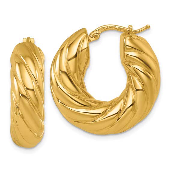 18k Yellow Gold 1in Twisted Round Hoop Earrings 7.6mm Thick