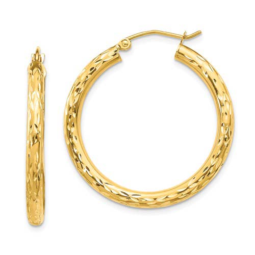 10k Yellow Gold Diamond-cut Round Hoop Earrings 1in