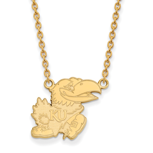 10kt Yellow Gold 3/4in Univ. of Kansas Jayhawk Pendant with 18in Chain