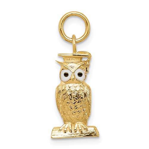 14k Yellow Gold Owl Pendant With Graduation Cap and Enamel