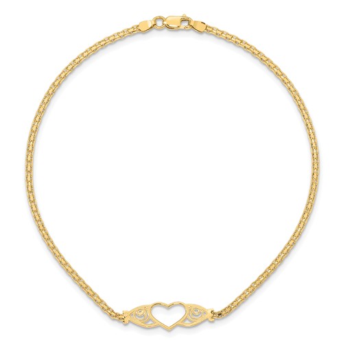 14kt Yellow Gold 10in Antiqued Heart Anklet