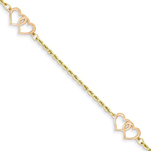 14kt Two-tone Gold 10in Joined Hearts Anklet
