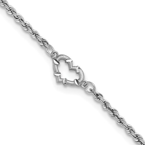 14kt White Gold 10in Rope Anklet with Heart