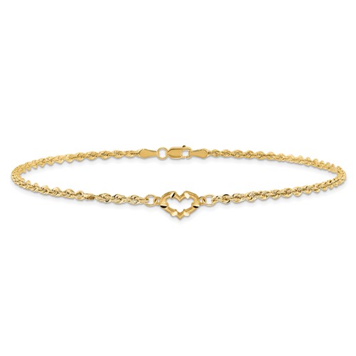 14kt Yellow Gold 10in Rope Anklet with Heart