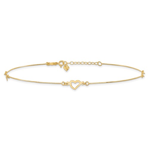 14kt Yellow Gold 9in Anklet with Open Textured Heart Charm
