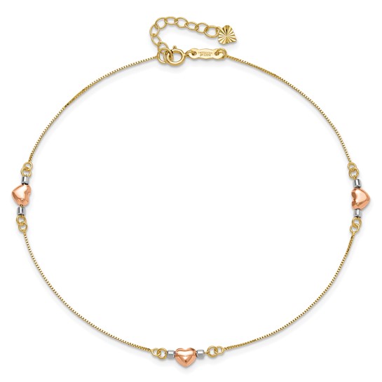 14k Tri-Color Gold Puffed Heart Anklet 9in