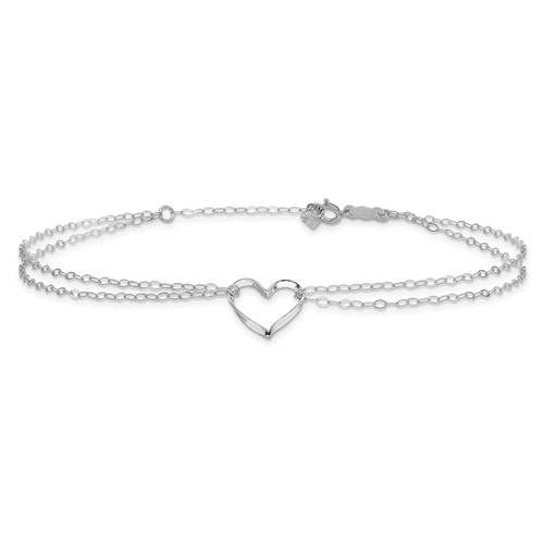 14kt White Gold 9in Double Strand Anklet with Heart