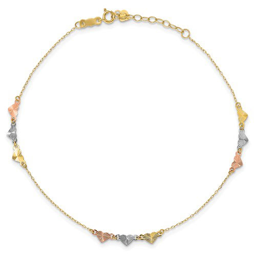 14kt Tri-color Gold 9in Heart Anklet