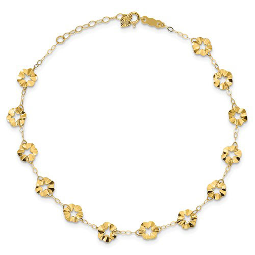 14kt Yellow Gold 9in Polished Flower Charms Anklet