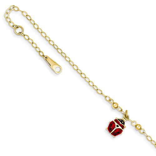 14kt Yellow Gold 10in Adjustable Enameled Ladybug Anklet