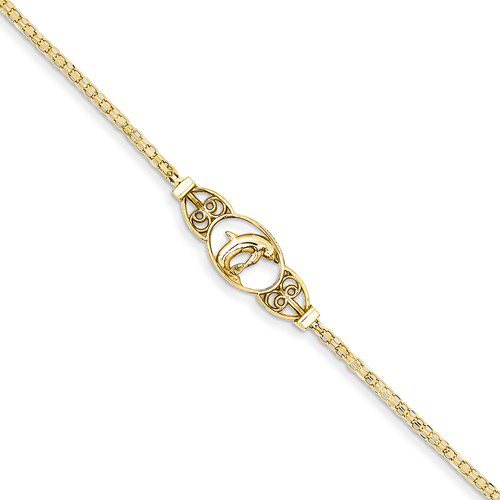14kt Yellow Gold 10in Polished Dolphin Anklet ANK2-10 | Joy Jewelers