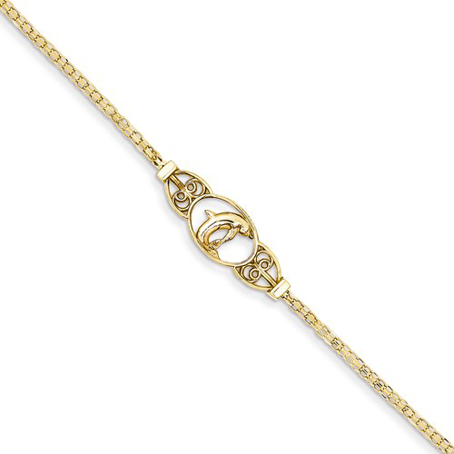 14kt Yellow Gold 10in Polished Dolphin Anklet