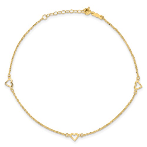 14kt Yellow Gold 10in Rope Anklet with Petite Cut out Hearts