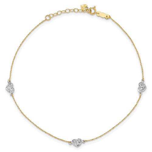 14k Two-tone Gold 10in Puff Heart Anklet