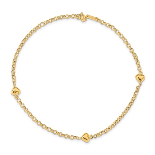 14kt Yellow Gold 10in Rolo Anklet with Puff Heart Charms