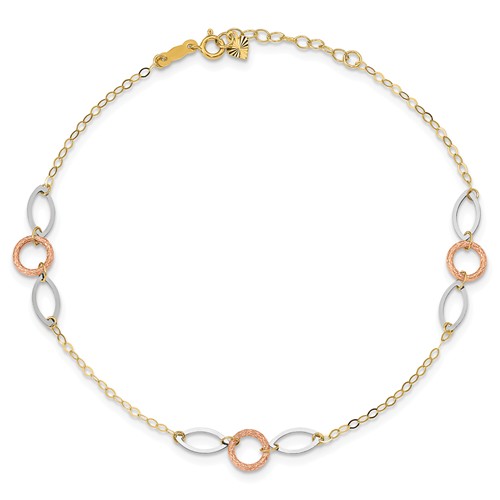 14kt Tri-tone Gold 10in Circle and Oval Link Anklet
