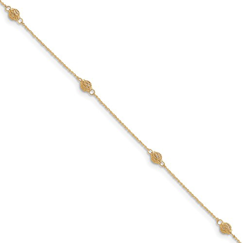 14k Yellow Gold 10in Diamond-cut Ball Station Anklet