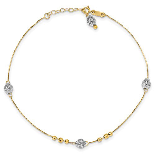 14k Two-tone Gold 10in Diamond-cut Beads Anklet
