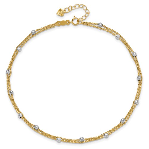 14K Two-tone Gold 9in Two Strand Spiga Mirror Beads Anklet