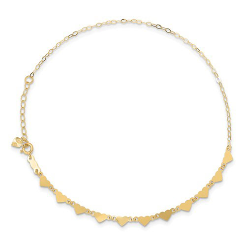 14kt Yellow Gold 9in Oval Link Chain with Hearts Anklet