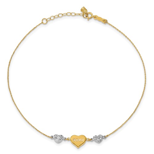 14kt Two-tone Gold 9in Puffed Heart LOVE Anklet