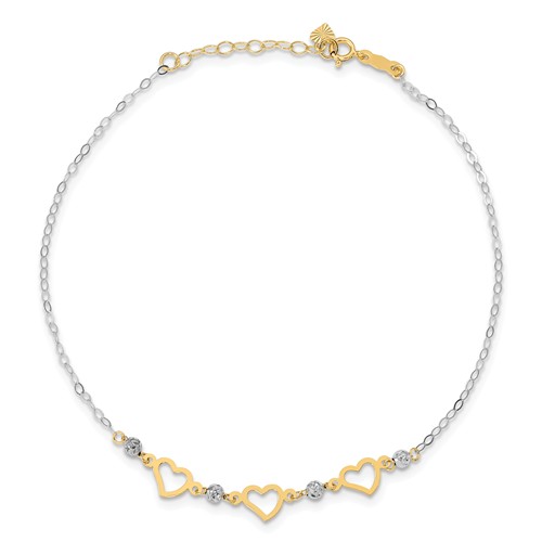 14kt Two-tone Gold Beads and Heart Anklet with Oval Links
