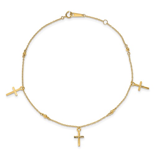 14kt Yellow Gold Polished Cross Charms Anklet 9in
