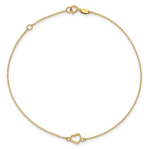 14kt Yellow Gold 10in Textured Heart Anklet