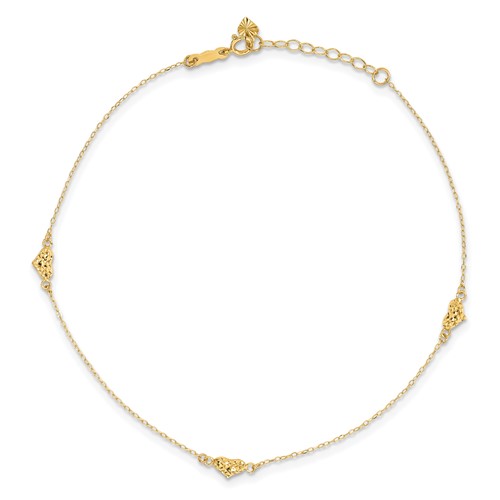 14k Yellow Gold Diamond-cut Three Puffed Hearts Anklet 
