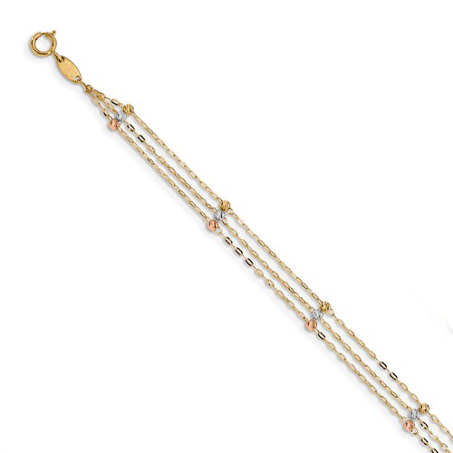 14kt Tri-color Gold 10in 3-Strand Beaded Anklet