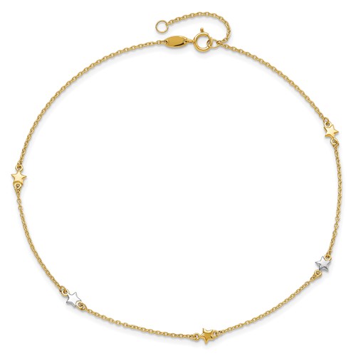 14k Two-tone Gold Stars Station Anklet 10in